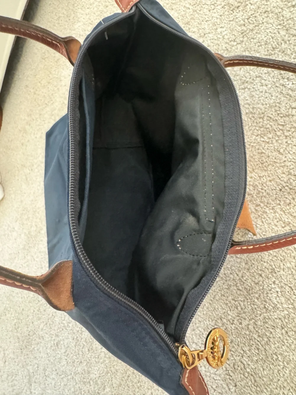 Longchamp Le Pliage Small Navy Tote with Brown Leather Trim Quiet Luxury Minimal